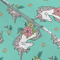 Dreamy Unicorn & Vintage Boho Flowers on Mint Green