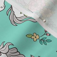 Dreamy Unicorn & Vintage Boho Flowers on Mint Green