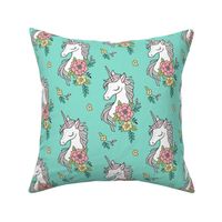 Dreamy Unicorn & Vintage Boho Flowers on Mint Green