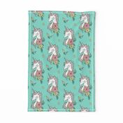 Dreamy Unicorn & Vintage Boho Flowers on Mint Green