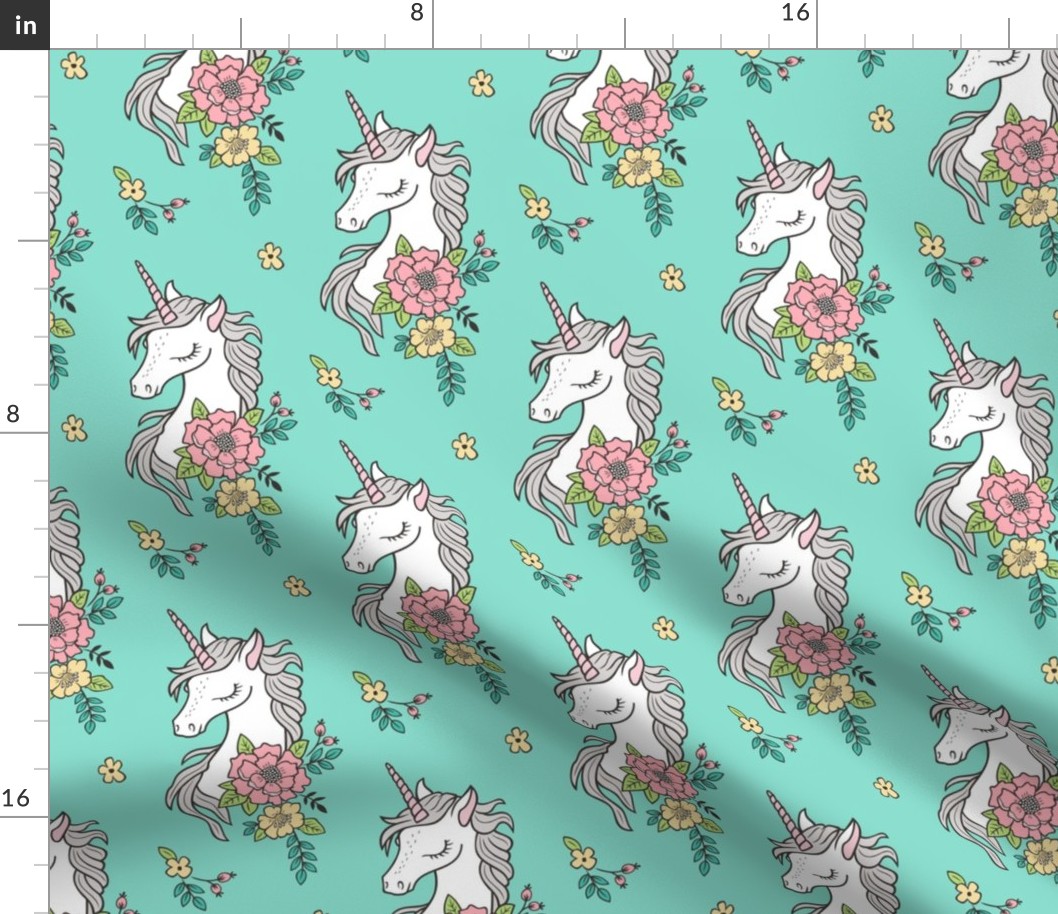 Dreamy Unicorn & Vintage Boho Flowers on Mint Green