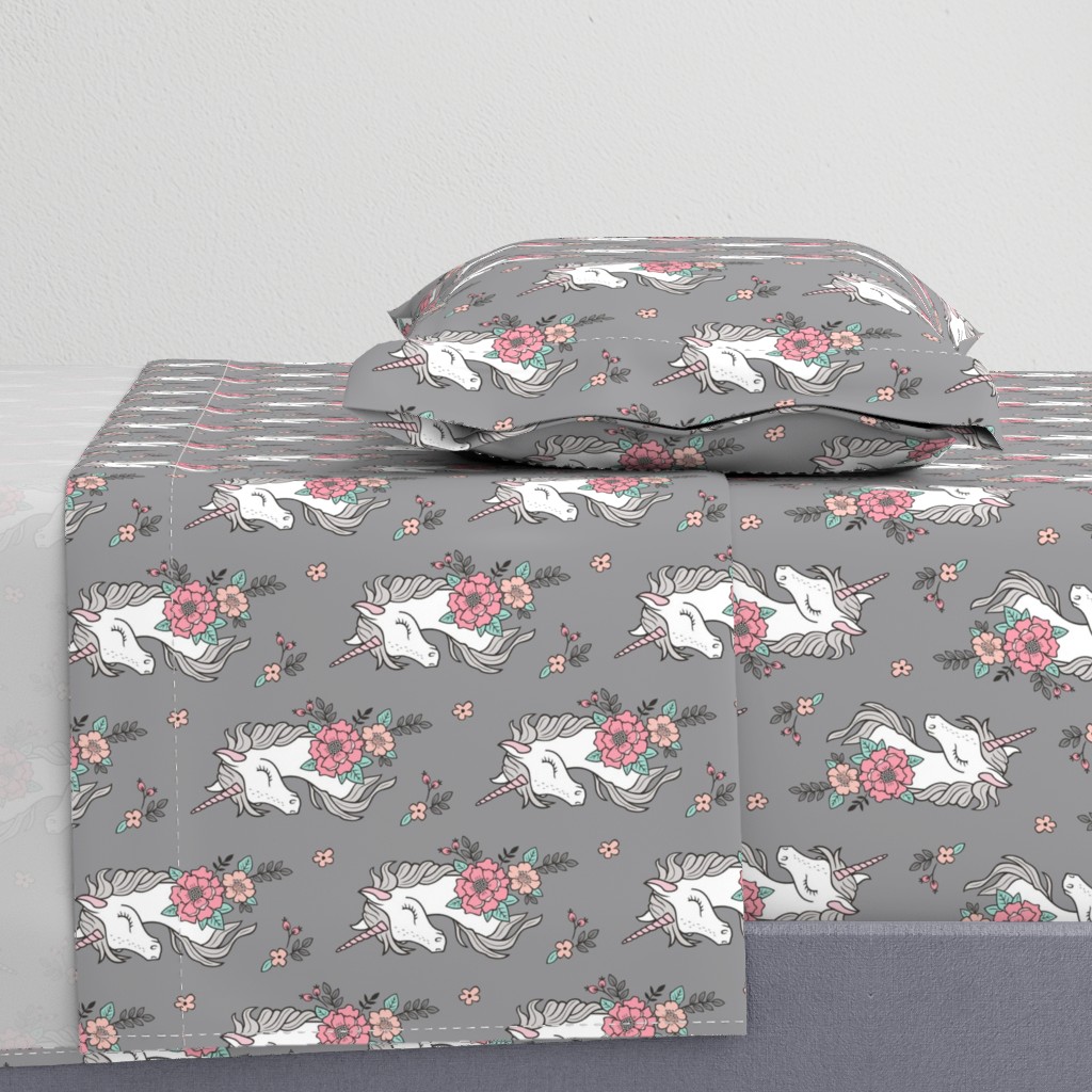 Dreamy Unicorn & Vintage Boho Flowers on Grey