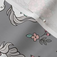 Dreamy Unicorn & Vintage Boho Flowers on Grey