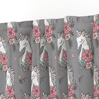 Dreamy Unicorn & Vintage Boho Flowers on Grey