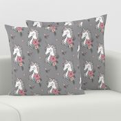 Dreamy Unicorn & Vintage Boho Flowers on Grey