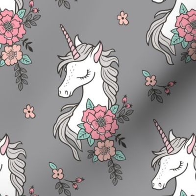 Dreamy Unicorn & Vintage Boho Flowers on Grey