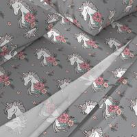 Dreamy Unicorn & Vintage Boho Flowers on Grey