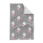 Dreamy Unicorn & Vintage Boho Flowers on Grey