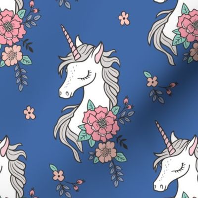Dreamy Unicorn & Vintage Boho Flowers on Navy Blue
