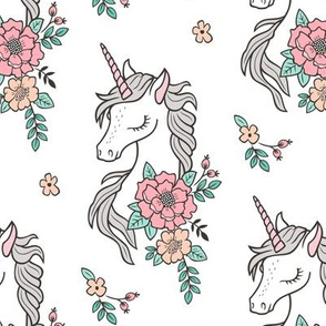 Dreamy Unicorn & Vintage Boho Flowers on White
