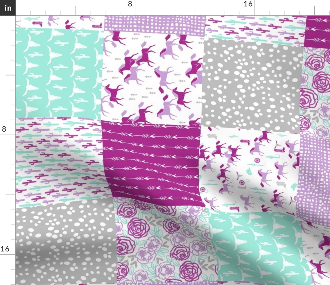 horses quilt // purple grey and mint cheater quilt wholecloth baby nursery quilts girls decor 