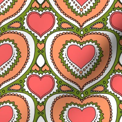 Retro hearts in coral and olive