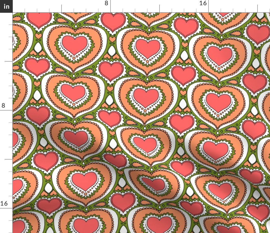 Retro hearts in coral and olive