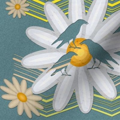 Cut out Daisies and Birds over blue paper