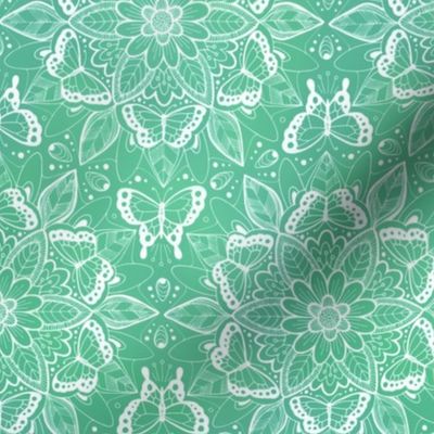 Butterfly Mandala - white on shades of green