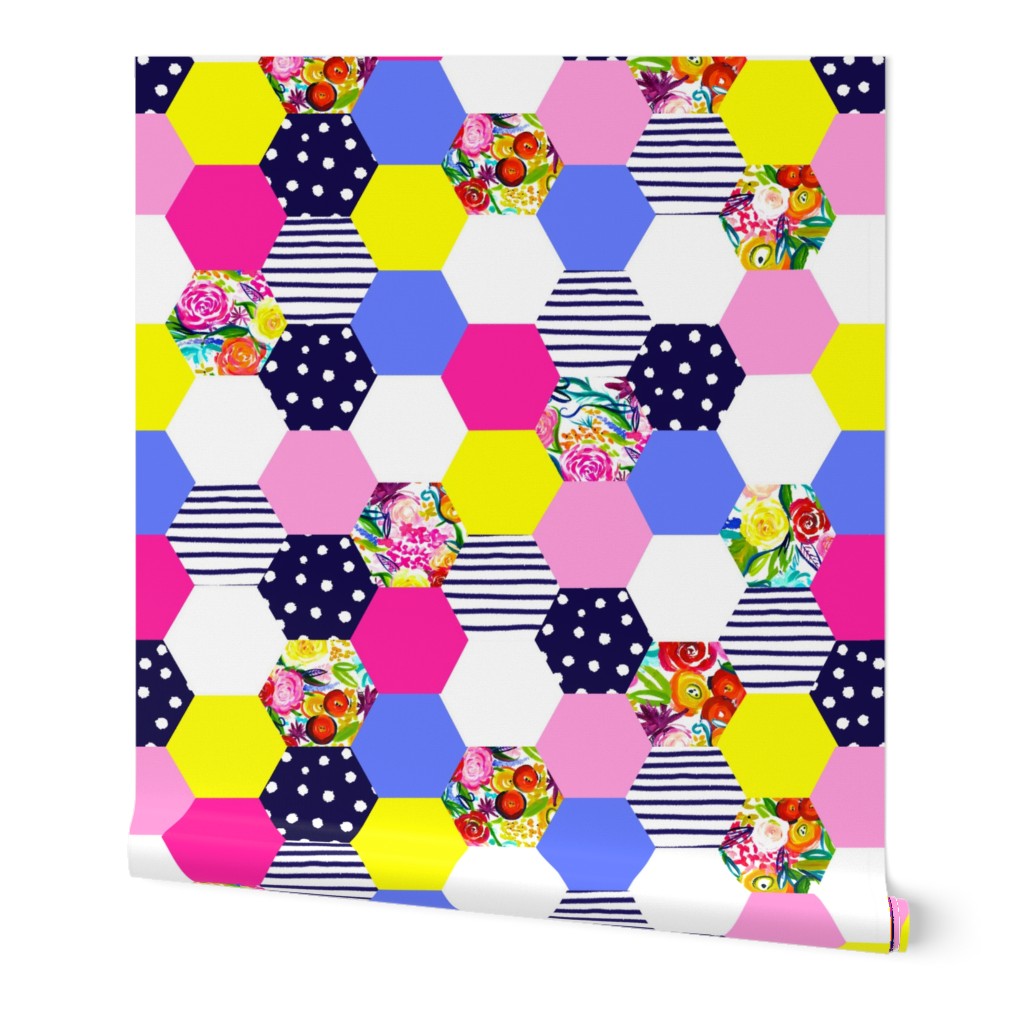 Neon Floral Hexie Cheater Quilt Wholecloth