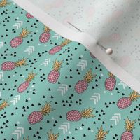 Tropical aqua blue and pink pineapple summer fruit geometric arrow pattern print XS Flipped rotated