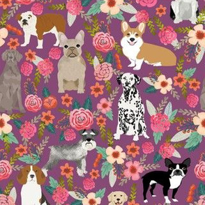 dogs and florals fabric pets and flowers quilting fabric - amethyst