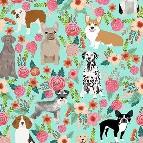 dogs and florals fabric pets and flowers quilting fabric - aqua