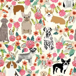 dogs and florals fabric pets and flowers quilting fabric - cream