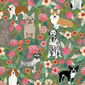 dogs and florals fabric pets and flowers quilting fabric - green