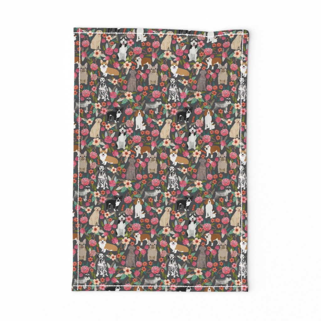 dogs and florals fabric pets and flowers quilting fabric - grey