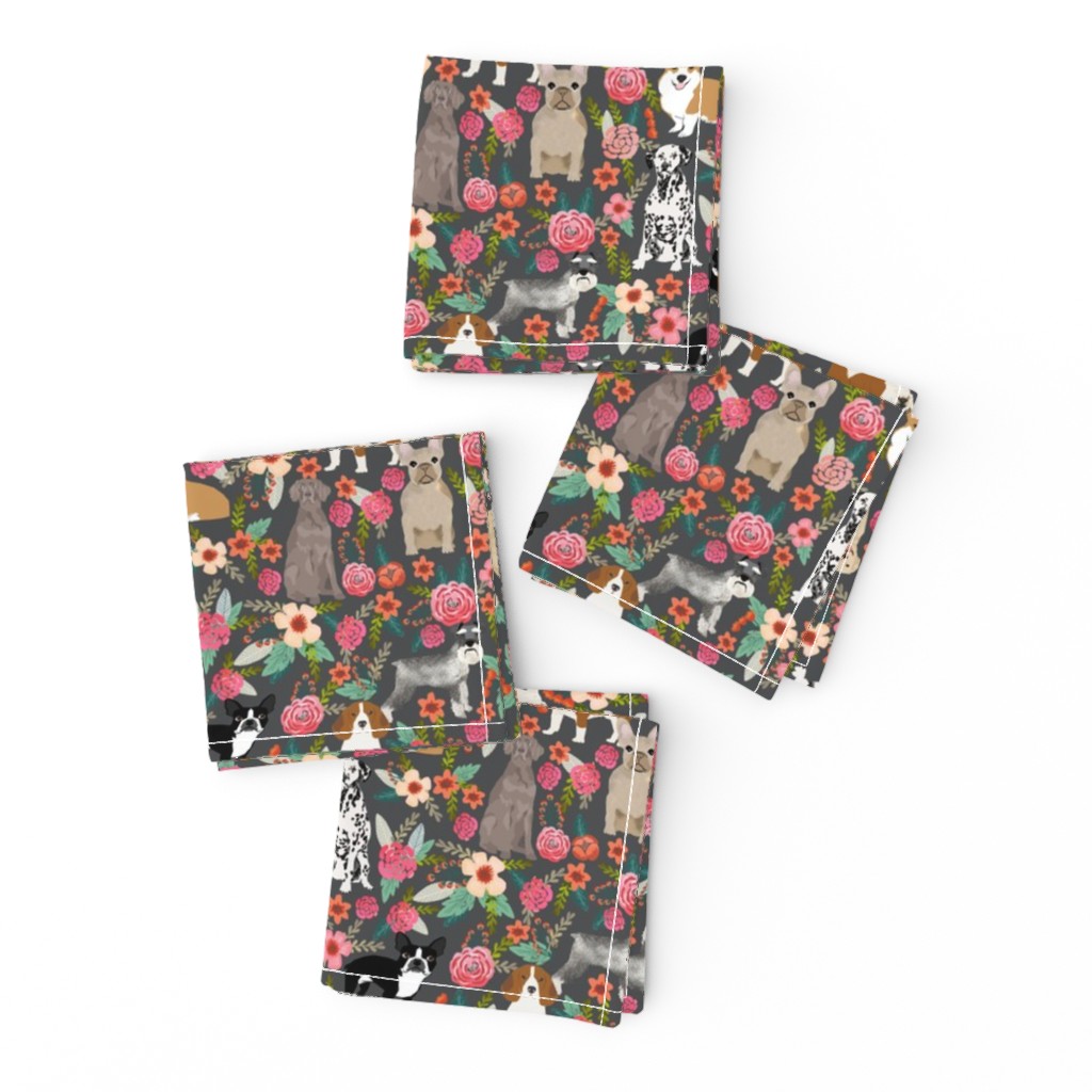 dogs and florals fabric pets and flowers quilting fabric - grey