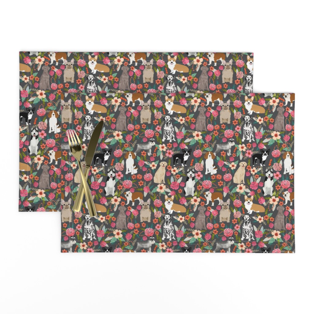 dogs and florals fabric pets and flowers quilting fabric - grey