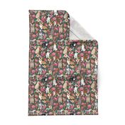 dogs and florals fabric pets and flowers quilting fabric - grey