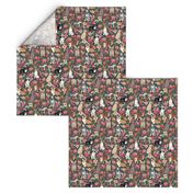 dogs and florals fabric pets and flowers quilting fabric - grey