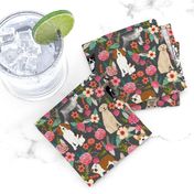 dogs and florals fabric pets and flowers quilting fabric - grey