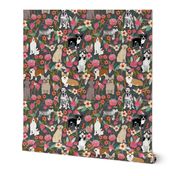 dogs and florals fabric pets and flowers quilting fabric - grey