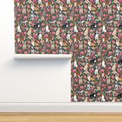 dogs and florals fabric pets and flowers quilting fabric - grey