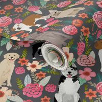 dogs and florals fabric pets and flowers quilting fabric - grey