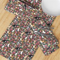 dogs and florals fabric pets and flowers quilting fabric - grey