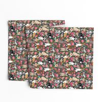 dogs and florals fabric pets and flowers quilting fabric - grey