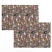 dogs and florals fabric pets and flowers quilting fabric - grey