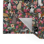 dogs and florals fabric pets and flowers quilting fabric - grey