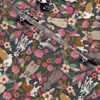 dogs and florals fabric pets and flowers quilting fabric - grey