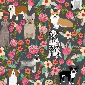 dogs and florals fabric pets and flowers quilting fabric - grey