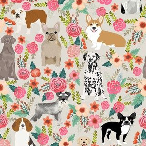 dogs and florals fabric pets and flowers quilting fabric - neutral