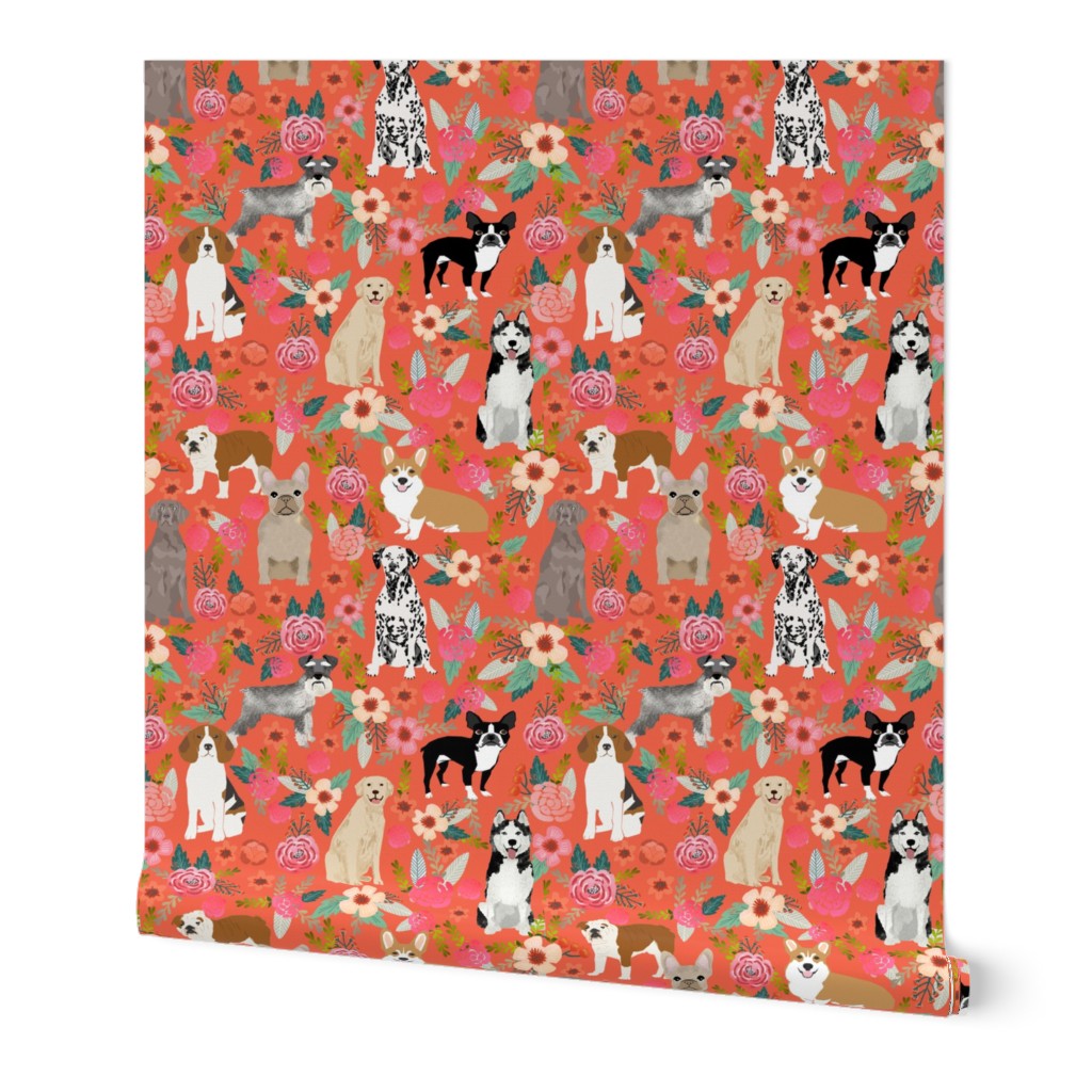 dogs and florals fabric pets and flowers quilting fabric - coral/orange