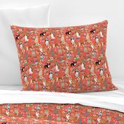 dogs and florals fabric pets and flowers quilting fabric - coral/orange