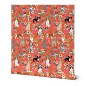 dogs and florals fabric pets and flowers quilting fabric - coral/orange