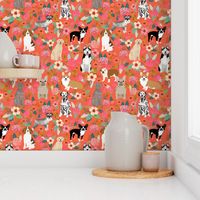 dogs and florals fabric pets and flowers quilting fabric - coral/orange