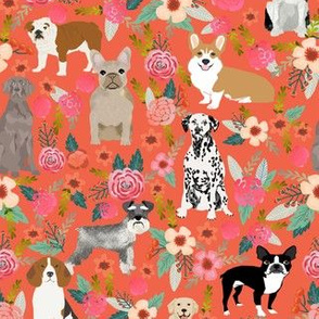 dogs and florals fabric pets and flowers quilting fabric - coral/orange