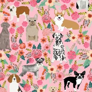 dogs and florals fabric pets and flowers quilting fabric - blossom pink