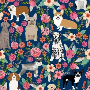 dogs and florals fabric pets and flowers quilting fabric - navy