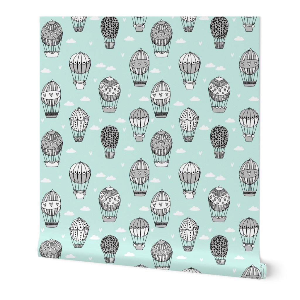 hot air balloon fabric // mint and grey nursery girls sweet vintage retro illustration by andrea lauren