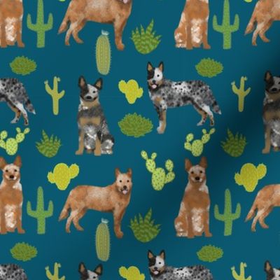 australian cattle dog fabric blue and red heelers cactus fabric - sapphire